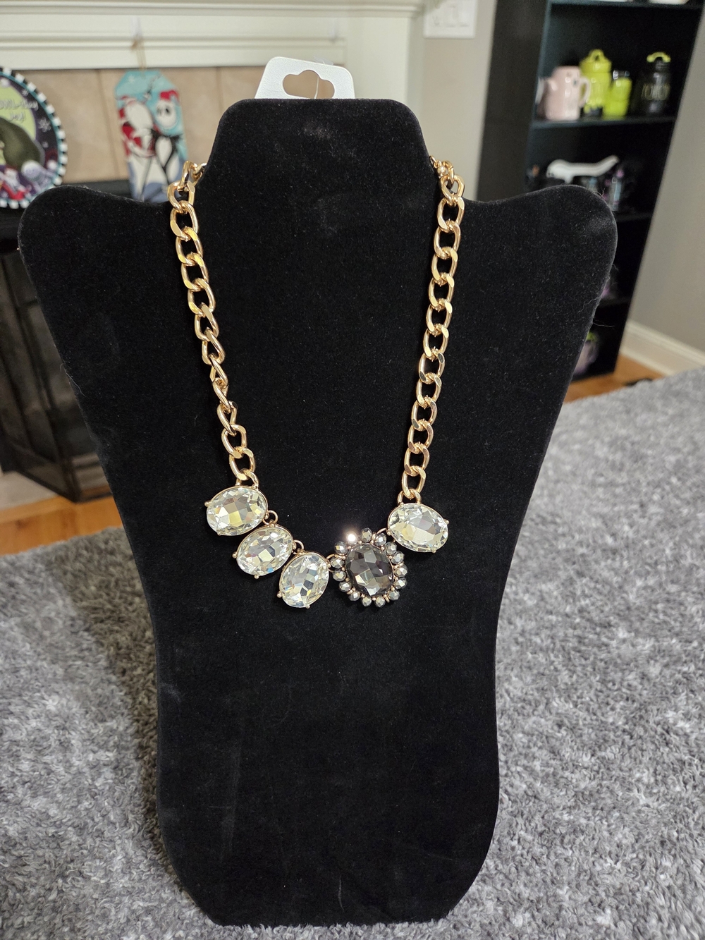 Gold Chain Statement Necklace with Clear and Black Crystals